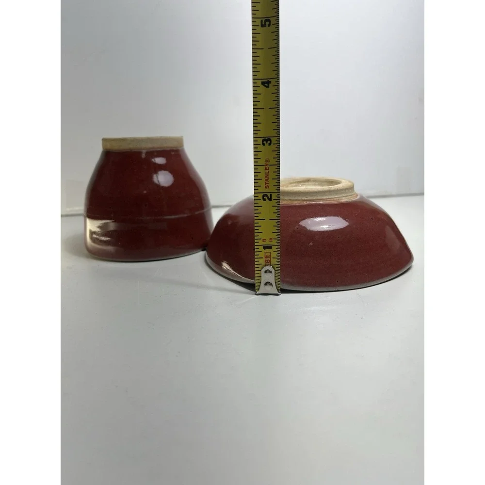 Japanese Studio Pottery Chawan Tea Cup & Bowl Set Red Glaze Signed M